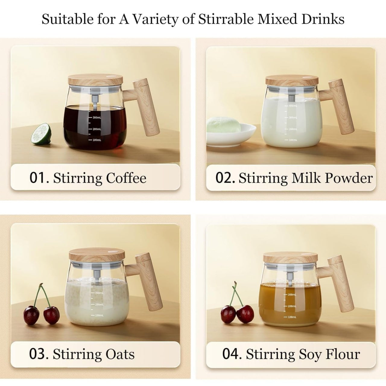 Self Stirring Coffee Mug, Glass Electric Self Mixing Cup with Lid & Handle, 400ml Auto Self Stirring Cup to Stir Coffee, Mixed Milk, Powder (400 ml)