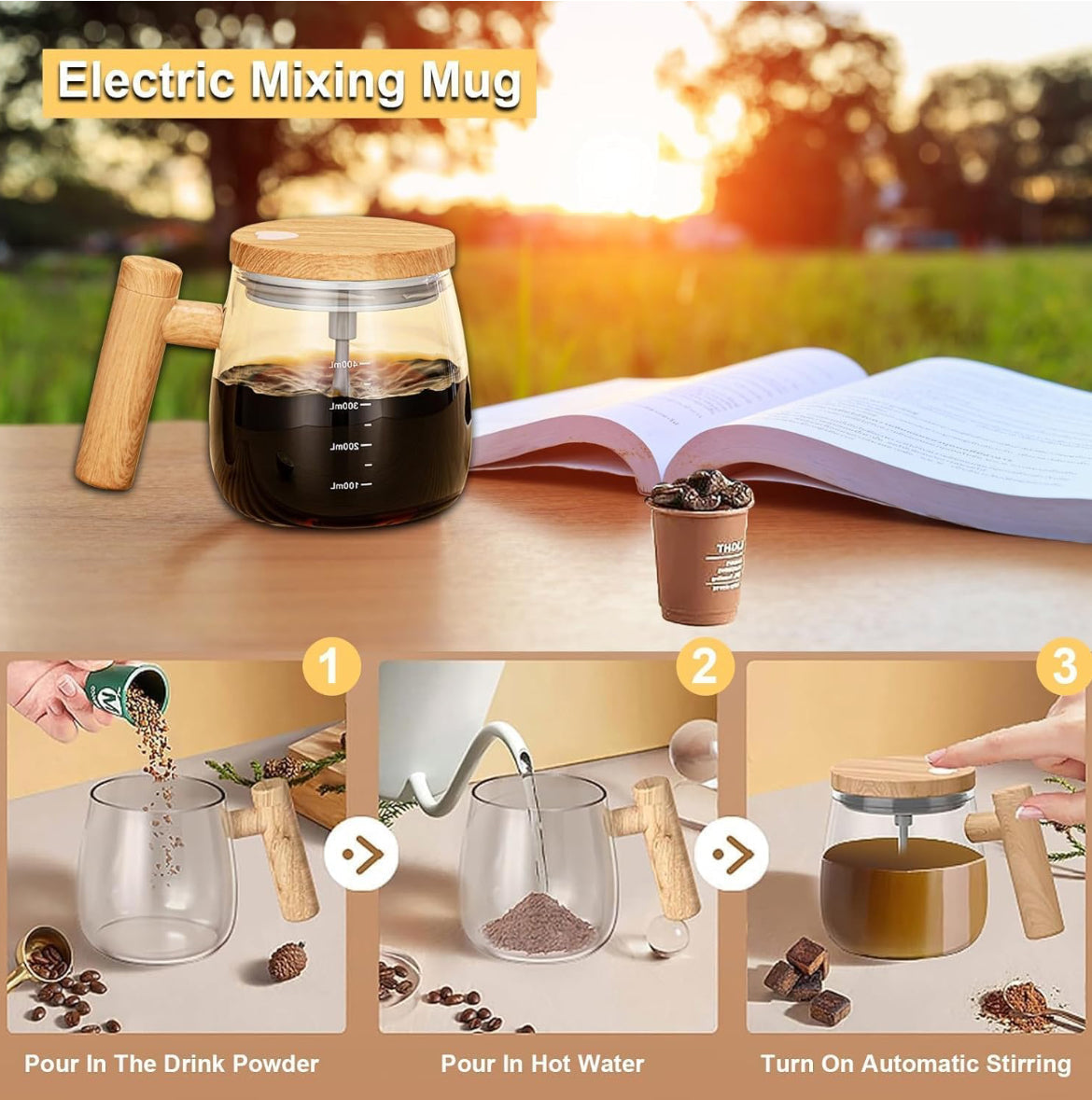 Self Stirring Coffee Mug, Glass Electric Self Mixing Cup with Lid & Handle, 400ml Auto Self Stirring Cup to Stir Coffee, Mixed Milk, Powder (400 ml)